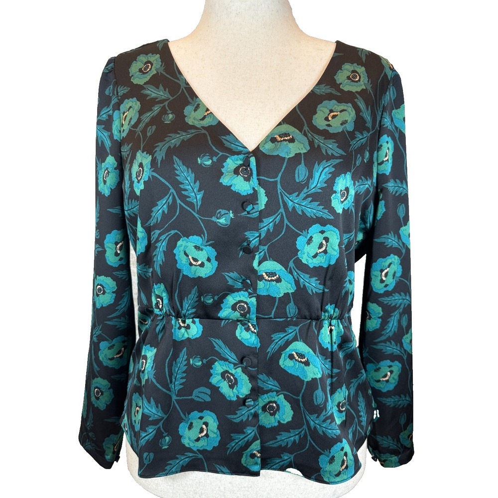 J.CREW Emmie Poppy Floral Satin Button Front Peplum Blouse Women's 12 Career Top